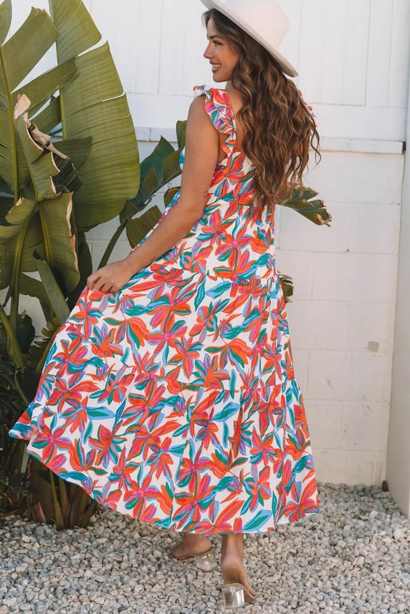 Red Boho Floral Ruffled Strap V Neck Maxi Dress for Summer and Beach - Love Salve